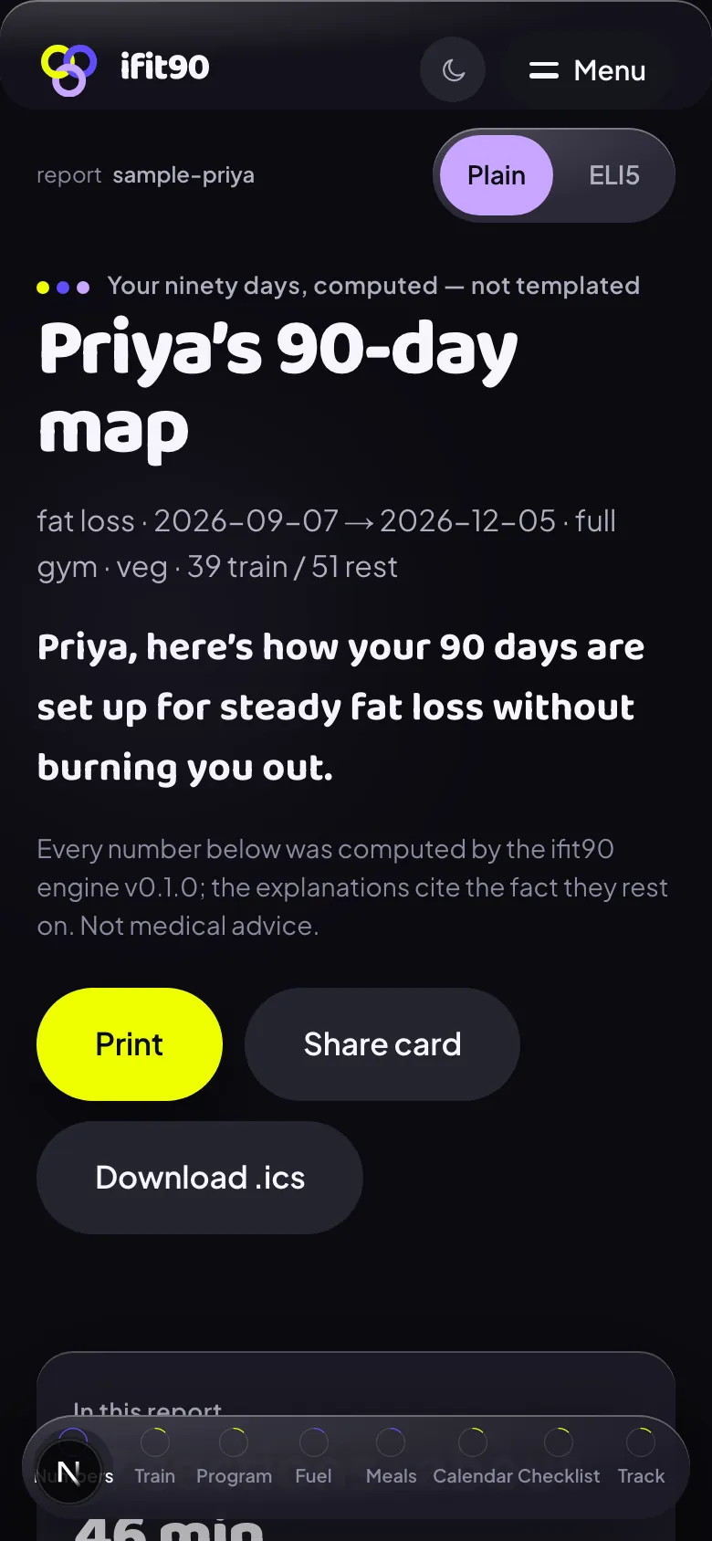 Priya’s 90-day map on a phone, opening on a 17-section contents list with the training, fuel and recovery sections.
