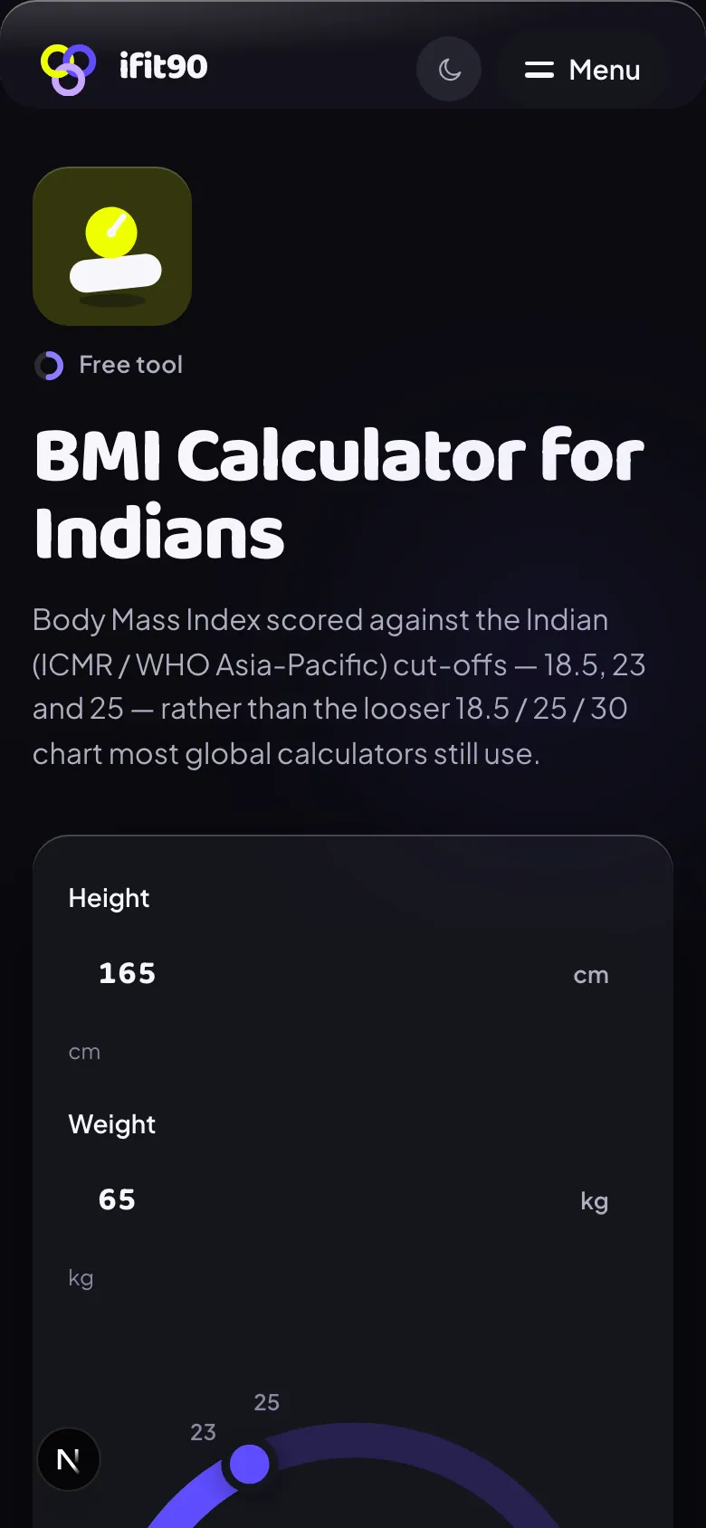 The free BMI calculator on a phone, scoring 23.9 against the Indian 18.5 / 23 / 25 cut-offs.