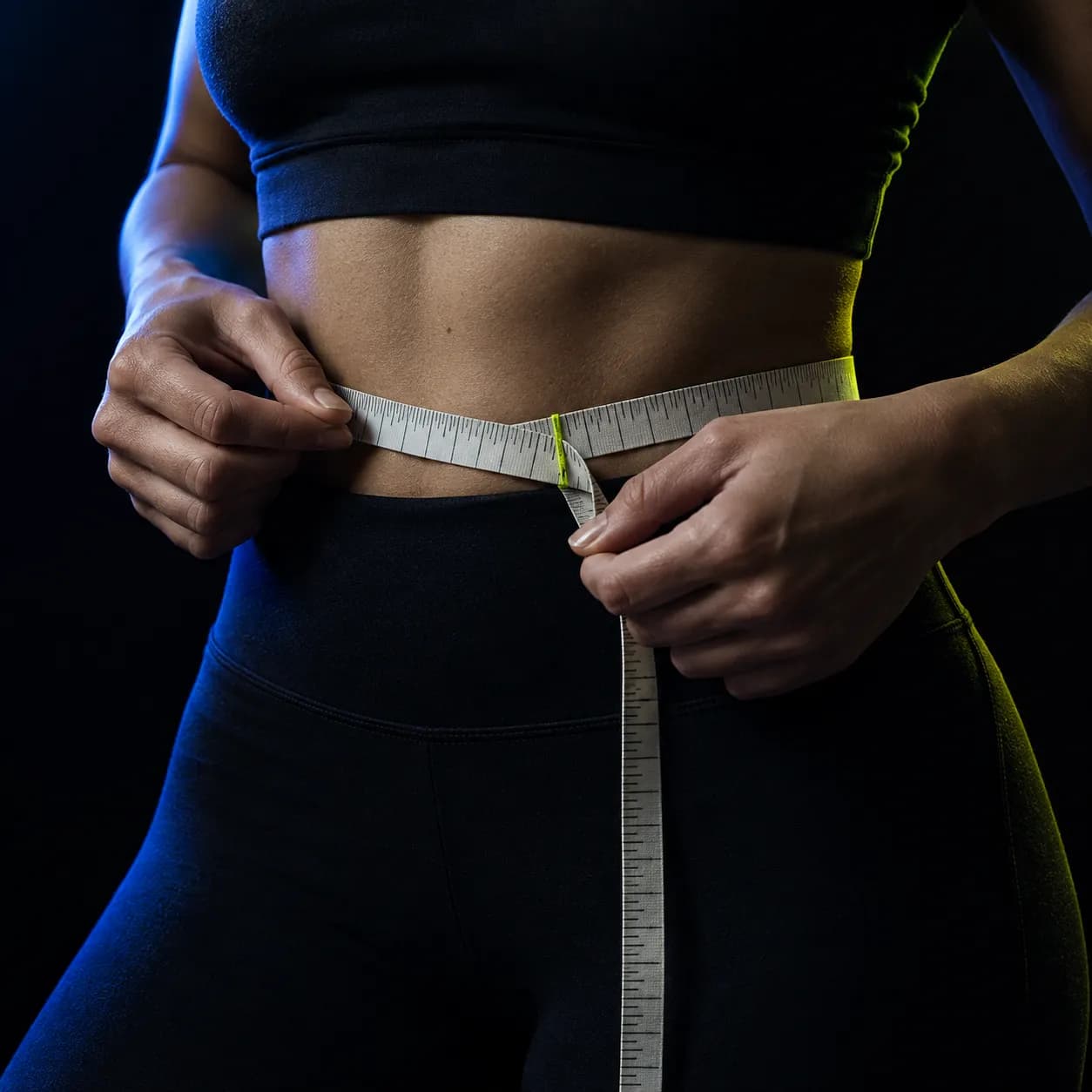 A tape measure drawn around a waist, held in both hands, lit low against near-black. No face is in the frame.