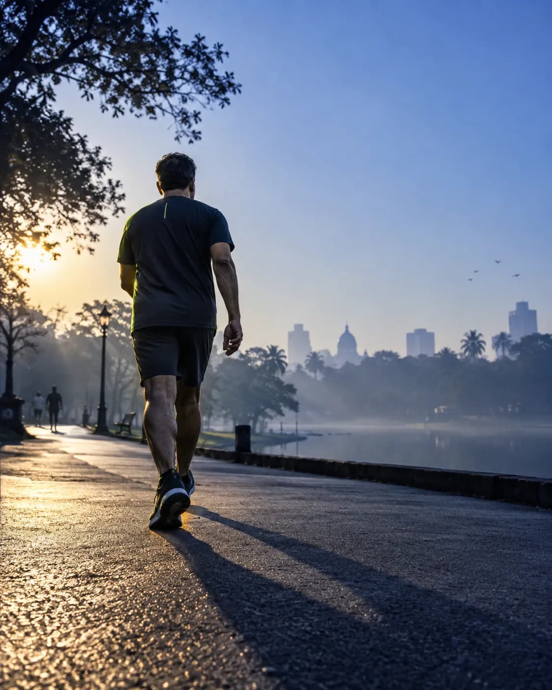 A man walking a quiet road at sunrise, the sky still blue behind him.